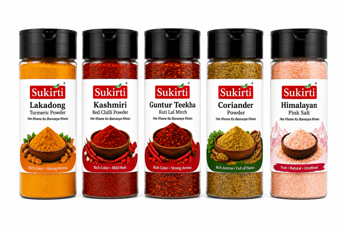 Sukirti Spice Starter Kit - Lakadong Turmeric, Kashmiri & Guntur Red Chilli, Coriander & Himalayan Pink Salt