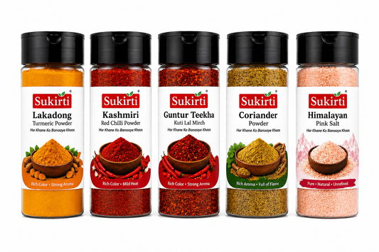 Sukirti Spice Starter Kit - Lakadong Turmeric, Kashmiri & Guntur Red Chilli, Coriander & Himalayan Pink Salt